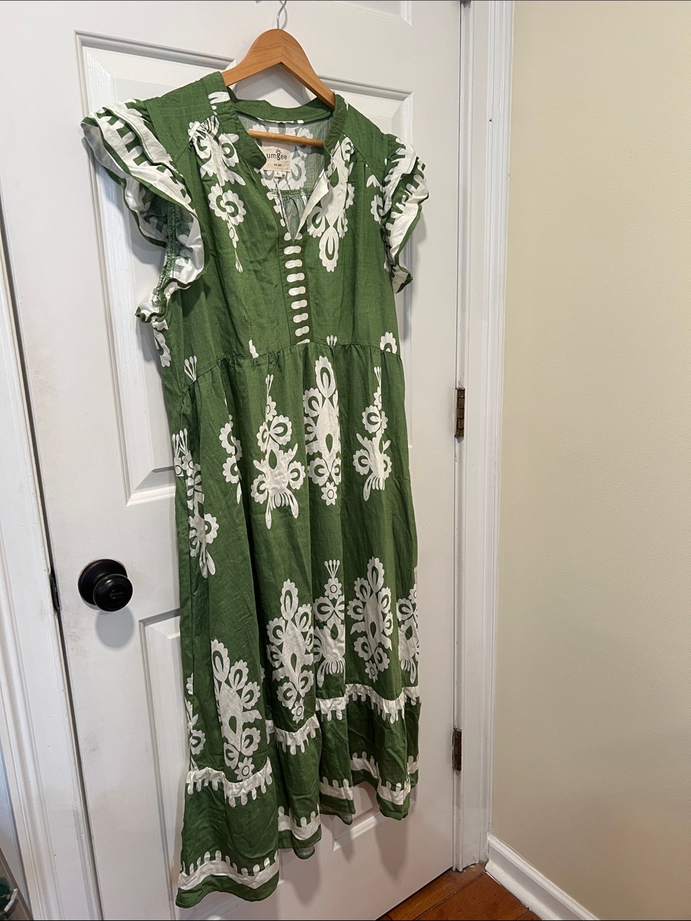 Umgee Sage Green Boho Midi Dress with White Floral Motifs Flutter Cap Sleeves